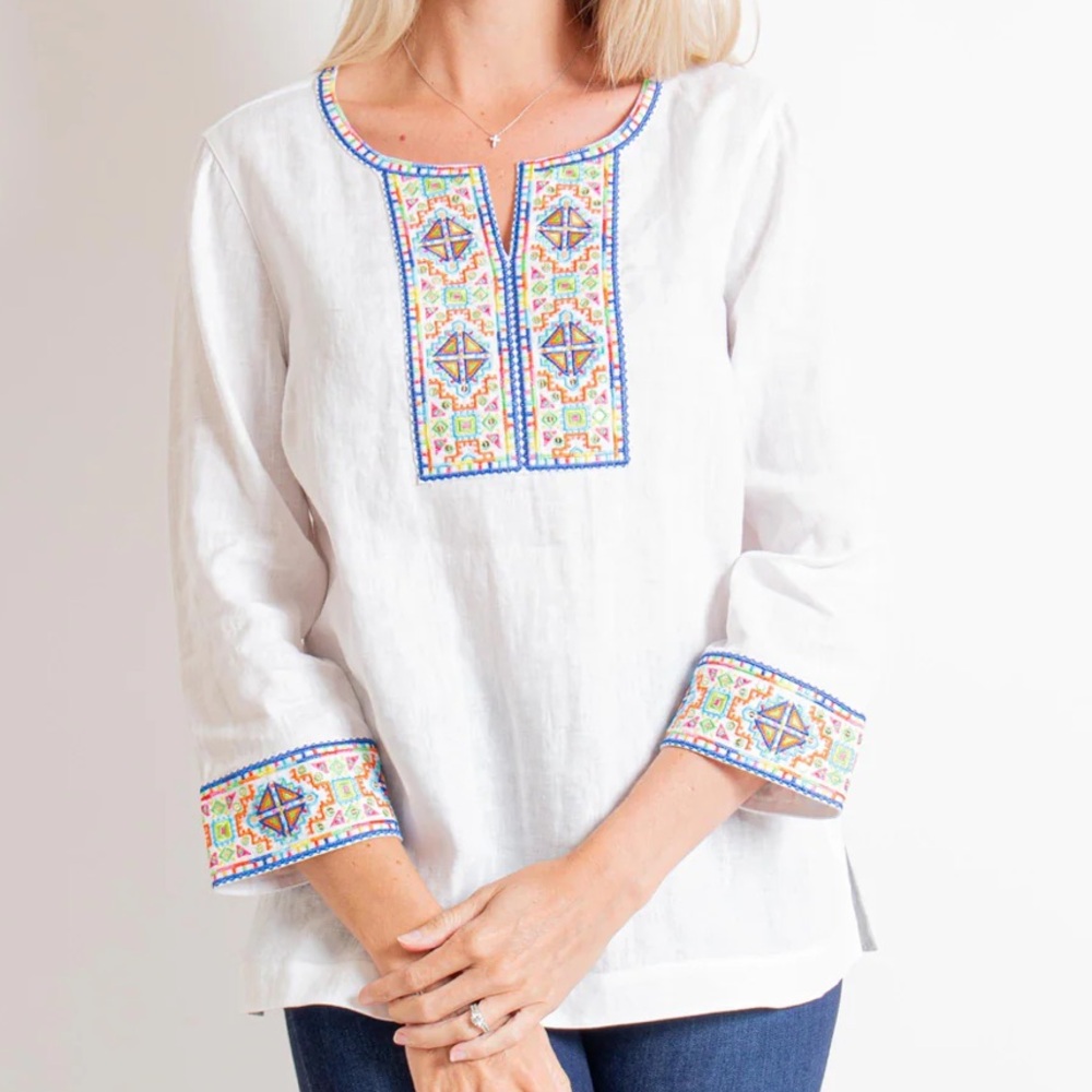 John & Mark XL Linen Colorful Embroidered Geometric Sequins Tunic  3/4 Sleeves